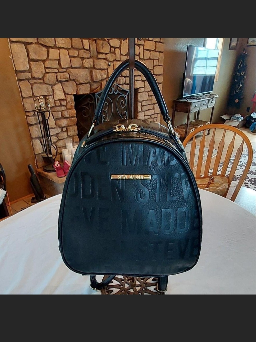 Steve Madden Black Monogram Mini Backpack Purse Gold Hardware Like New condition